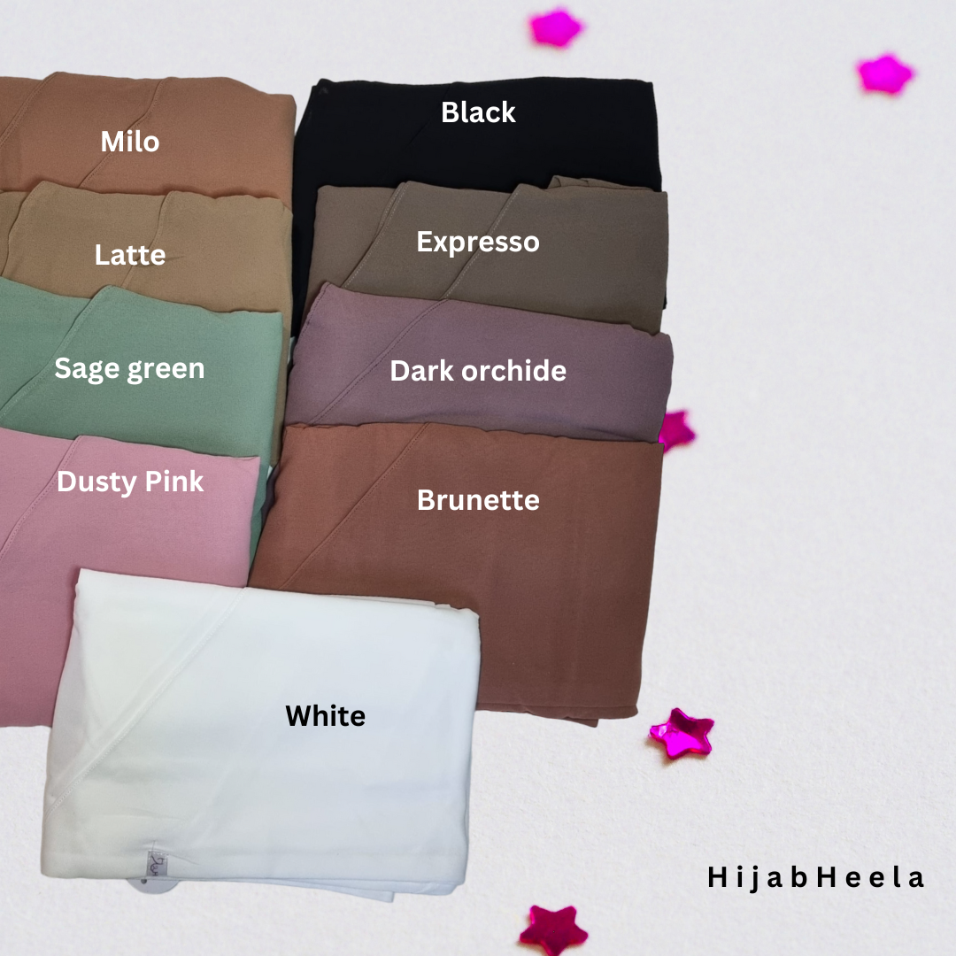 Kleurenkaart van Aliyah-khimars: Milo, Black, Latte, Expresso, Sage green, Dark orchide, Dusty Pink, Brunette en White.