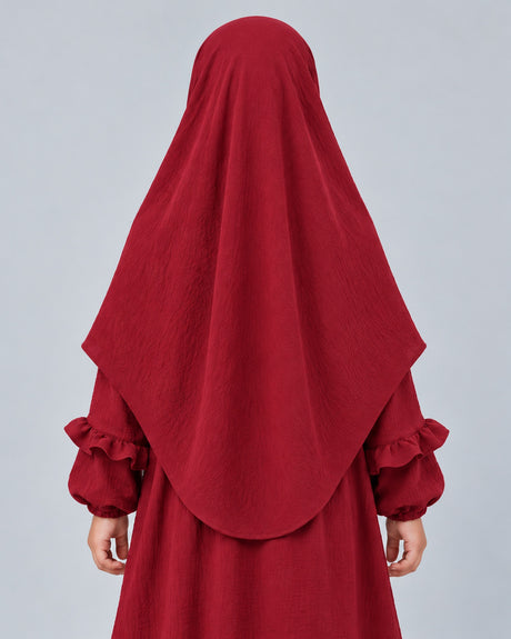 Khimar Saskia voor meisjes – Maroon – achterkant met ovale zoom – Hijab Heela