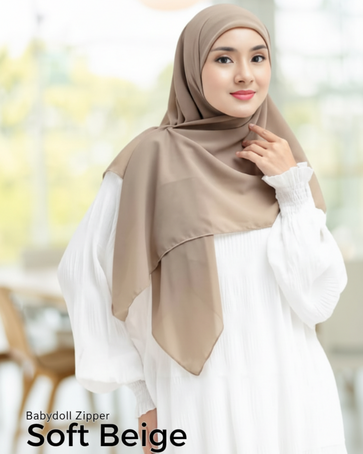 Soft Beige Babydoll Zipper Hijab with Text