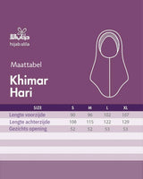 Maattabel Khimar Hari – lengte voorzijde, achterzijde en gezichtsopening in cm – Hijab Heela
